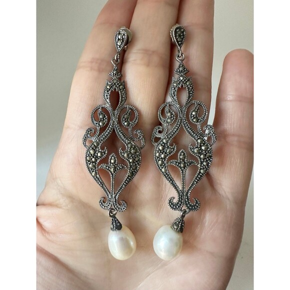 Vintage sterling silver art Deco marcasite freshwater pearl dangle Earrings - Picture 1 of 8